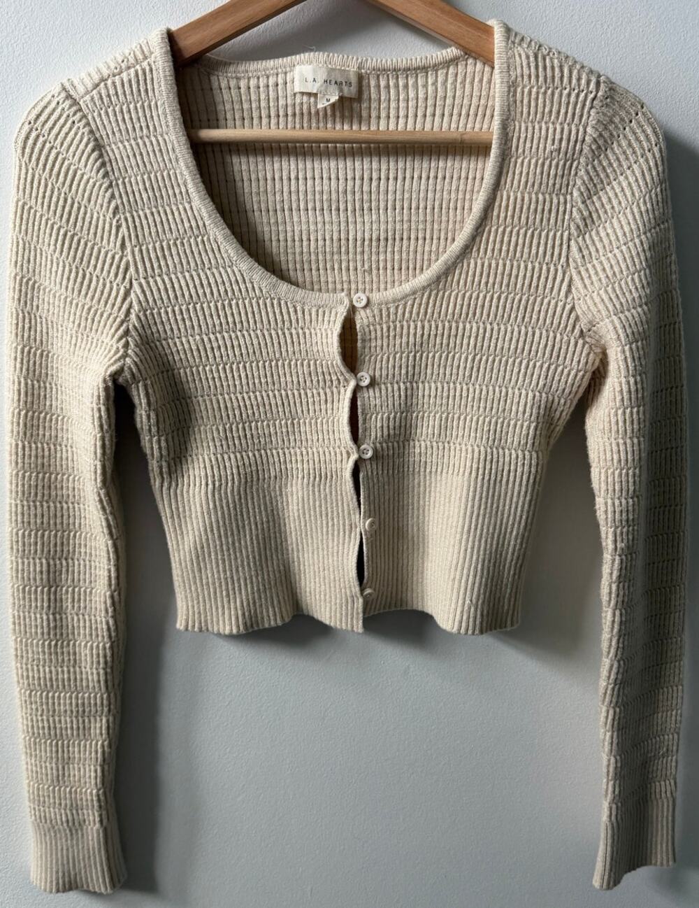 La Hearts Cream Ribbed Cropped Cardigan
